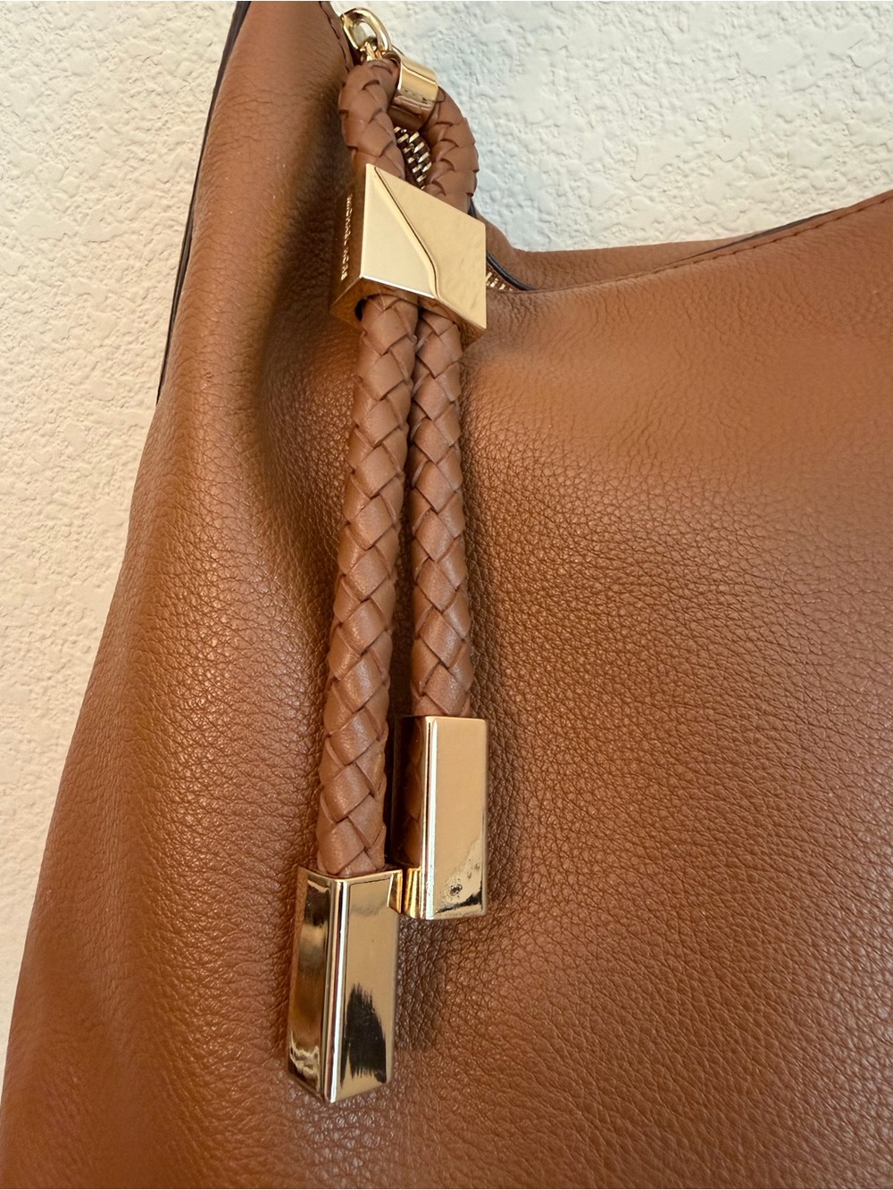 Michael Kors tan Kensington pebbled Braided-Handle shoulder with Gold Accents - Picture 4 of 15